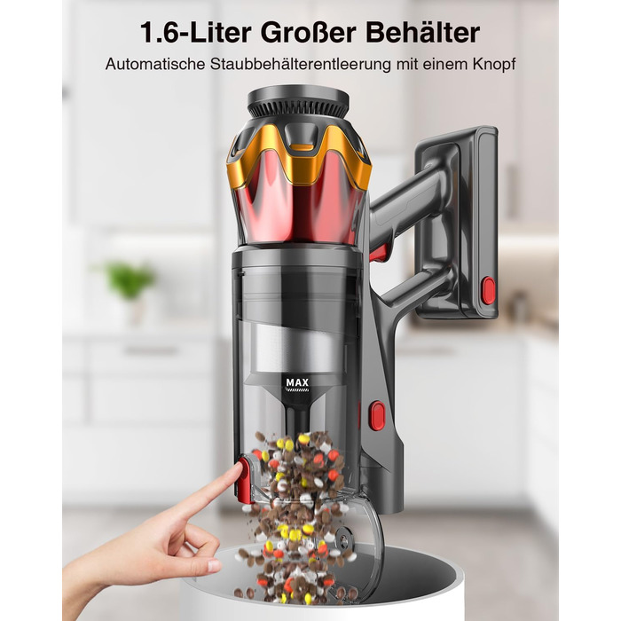 Бездротовий акумуляторний пилосос 45000Pa/550W/65хв, об'єм 1,6л з дисплеєм, антизаплутана щітка, самостійна підставка, док-станція на стіну, 8-шарова фільтрація, тиха робота, для шерсті тварин/килимів/твердих поверхонь/автомобіля (Червоний)