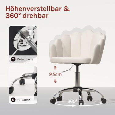 Крісло WOLTU для офісу та дому, крісло до туалетного столика з м'якою спинкою у вигляді пелюсток, поворотне з роликами, регульоване по висоті, для робочого кабінету, спальні, оксамит, бежевий