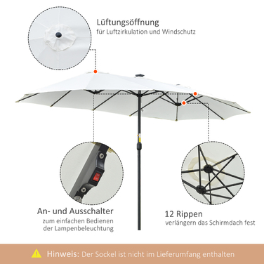 Сонячний парасоль від Outsunny з LED сонячним живленням, діаметром 4,5 м. Подвійний парасоль, ідеальний для саду, ринку, тераси. Овальний, чорно-кремовий.