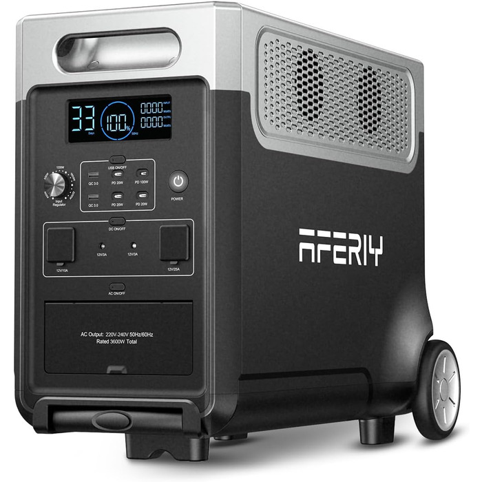 Портативна електростанція AFERIY 3840Wh з LiFePO4 акумулятором, 3600W, USV, 3 виходи 230V AC, 7200W (пікова потужність), для кемпінгу та подорожей