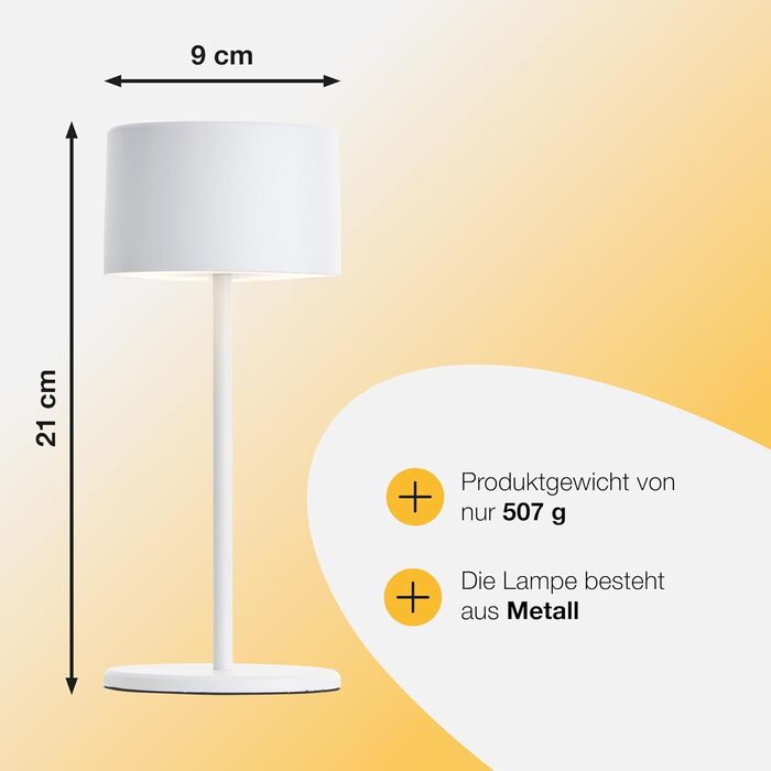 LED настільна лампа Brilliant з диммуванням, акумулятор, сенсорне керування, тепле світло, стильний дизайн, USB-зарядка, для дому