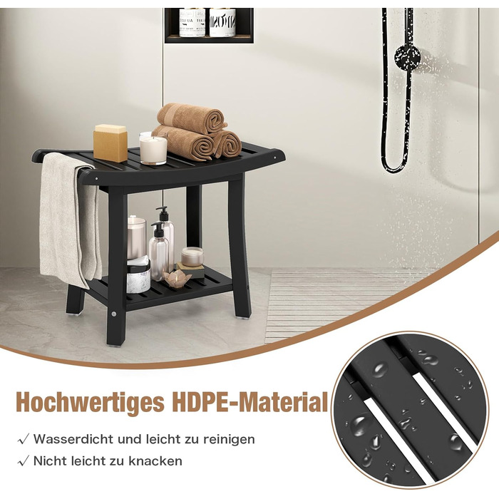 Двомісний стілець для душу Costway з полицею, 170 кг, 60,5 x 34 x 48 см (Чорний)