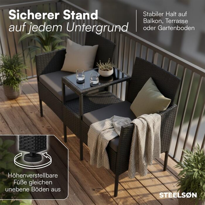 Садова лавка STEELSØN Velara з вбудованим столиком, ротангова 2-місна, чорна з подушками - вуличні меблі, стійкі до погодних умов, для тераси та балкона (до 320 кг), з скляною полицею, сталевий каркас