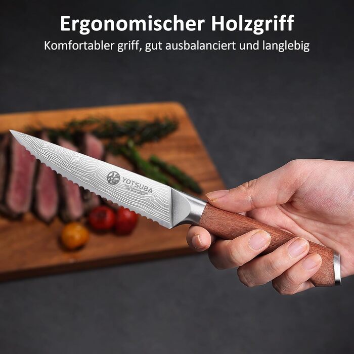 Набір кухонних ножів YOTSUBA Profi з дерев'яним блоком та точилкою, ножиці, набір кухонних ножів з нержавіючої сталі, набір кухонних ножів для кухні (ніж для стейка - 6 шт)