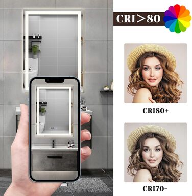 Дзеркало для ванної кімнати Mursche з підсвічуванням LED, 50x70 см, IP44, сенсорний вимикач, годинник, антизапар, регулювання яскравості 3000K-6500K