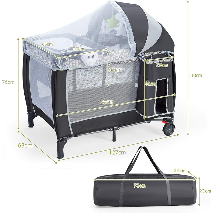 Детское путешествие 102x72 см: складная кроватка-манеж для новорожденных и детей 0-36 месяцев с матрасом, колесиками, москитной сеткой и пеленальным столиком, 3 в 1 (Model 2-gray)