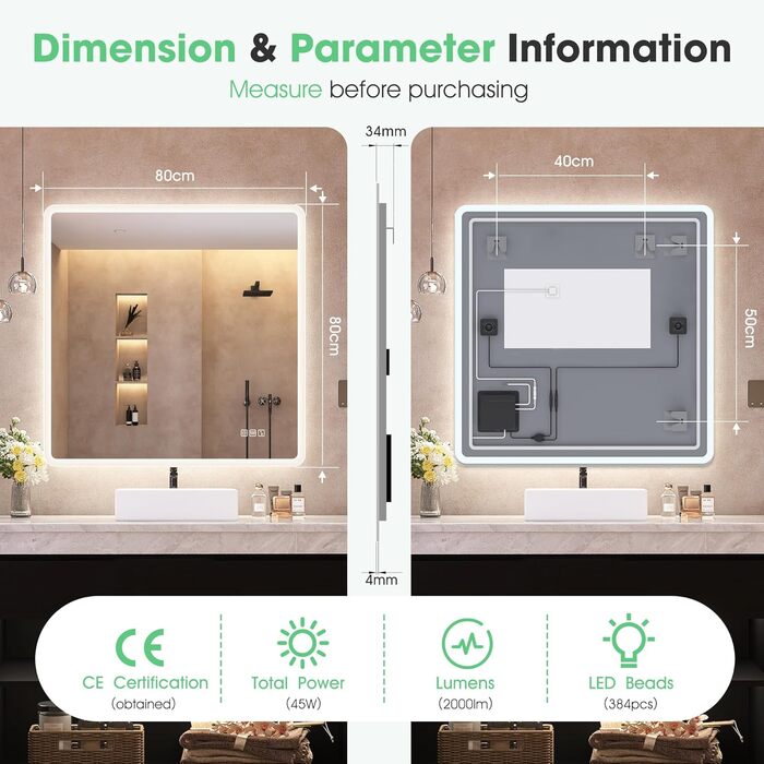 Дзеркало для ванної кімнати S'bagno з підсвічуванням 80x60 см, Bluetooth, 5x збільшення, протитуманне покриття, 3 кольори, регулювання яскравості, пам'ять налаштувань, загартоване скло, IP44 вологостійкість, горизонтальне/вертикальне встановлення