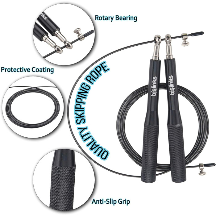 Скакалка BisLink, швидкісна скакалка з регульованою довжиною, нековзні ручки для фітнес-тренувань, спалювання жиру, схуднення, для дорослих чоловіків, жінок і дітей чорний