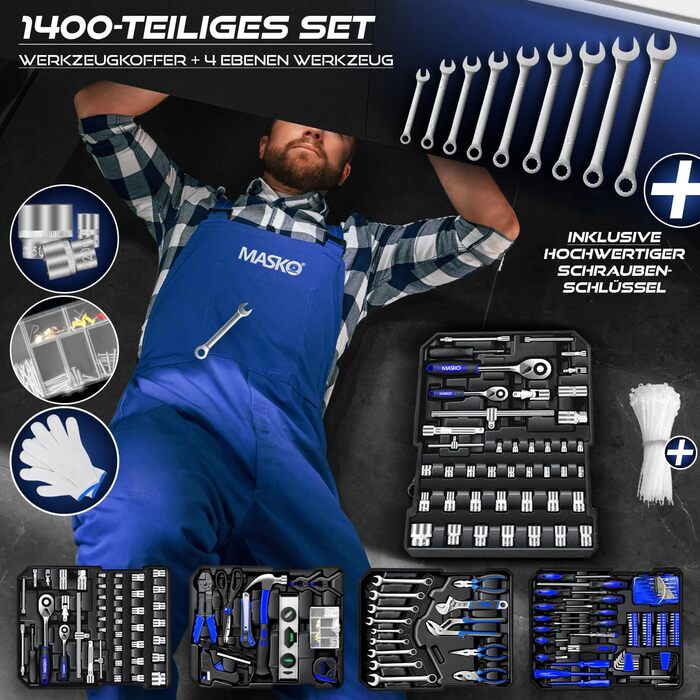 Набір інструментів MASKO 1400 предметів в алюмінієвому кейсі на колесах | Професійний інструментальний візок для дому, авто, хобі та майстерні (Синій)