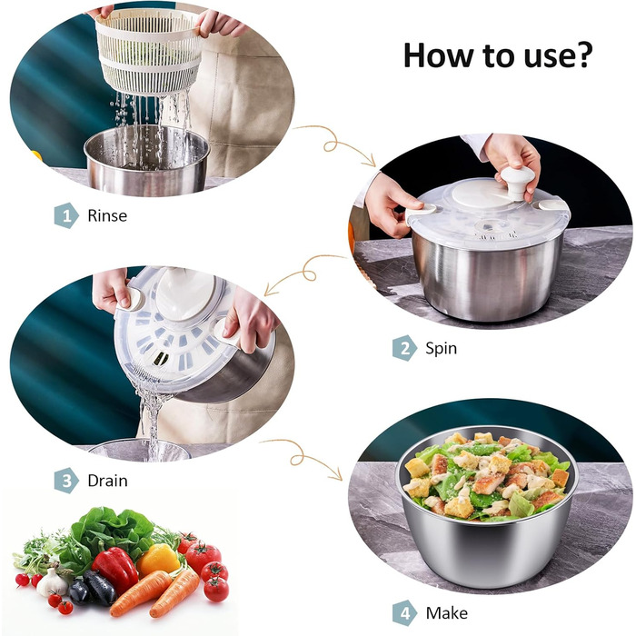 RAINBEAN Салатниця-сушарка велика з нержавіючої сталі, 5 літрів. Миття, віджимання та сушіння овочів та фруктів.