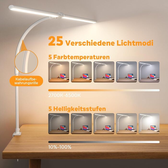 LED настільна лампа Doppelkopf з регулюванням яскравості, 24W, 80см, з клемою, денне світло, гнушкий шийка, для офісу, захист очей, з тримачем для телефону, чорна