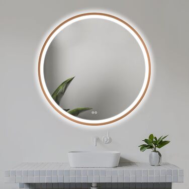 LED дзеркало для ванної кімнати Home Glow круглої форми 80 см з підсвічуванням, антизапарюванням, сенсорним вимикачем та металевим каркасом (червоне золото)