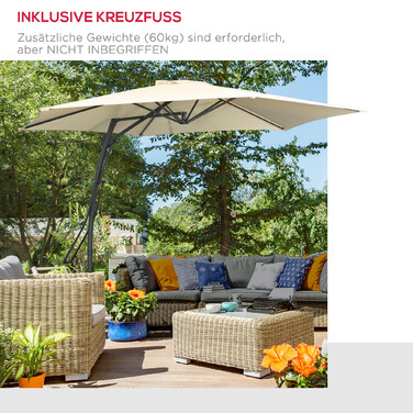 Вітростійкий парасоль для саду Ø293 см з бічним важелем та хрестоподібною основою, з захистом від вітру та вологи, кремово-білий