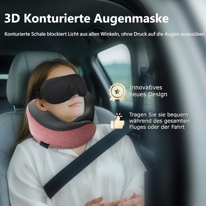 Подушка для шиї Proglobe, 100% Memory Foam, ортопедична, для подорожей (літак, авто, поїзд), з маскою для сну, сітчаста сумка (рожева)