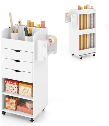 Роликовий контейнер COSTWAY з 3 висувними ящиками, робочий візок з 2 ручками та 3 полицями, дерев'яний шафка на колесах, багатофункціональний візок для офісу/кабінету (білий)