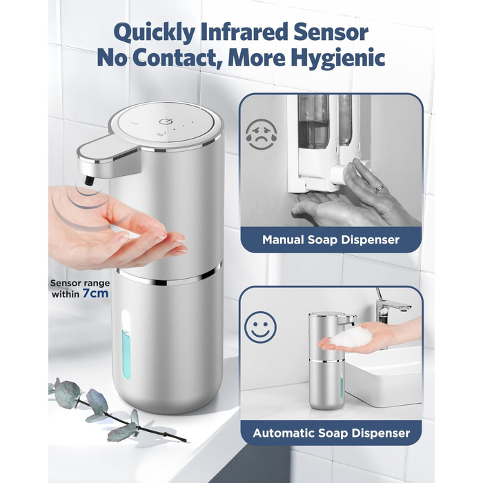 Автоматичний дозатор мила, 380 мл, електричний, з датчиком, USB, водонепроникний IPX5, для кухні, ванної кімнати, школи, готелю (сріблястий, піна)