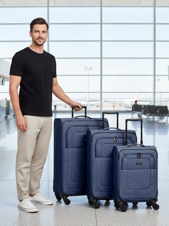 Набір валіз REDOLZ 3-в-1 для жінок та чоловіків | Легкі та стійкі дорожні ролери, високоякісний софт-кейс, 4 подвійні колеса та TSA-замок | Розширюваний з еластичними складками (Essentials 12) (Blue, Набір валіз (3-в-1) 4-колісний розширюваний)