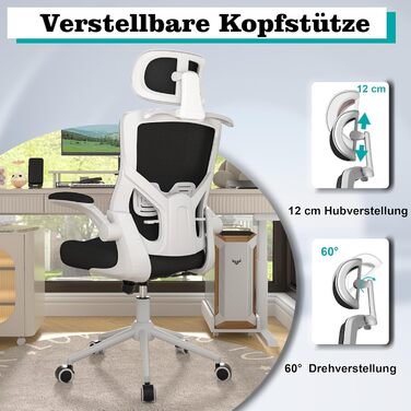 Ергономічне крісло для офісу з регульованою підголівником та поперековою підтримкою – високе офісне крісло з сітчастою спинкою та м'яким сидінням, вішалка для одягу та функцією блокування (Чорний колір з білим каркасом)