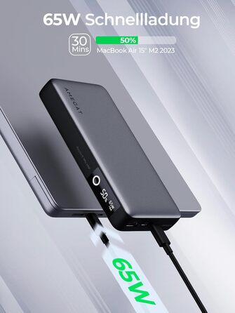 Вт, 20000 мАг, USB C, 3 порти, дисплей, для ноутбука/планшета/смартфона/навушників, 65