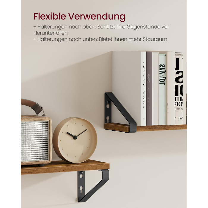 Настінна полиця VASAGLE, 6 штук в наборі, полиці-дошки, 2 способи монтажу, 30/35/40 см, для вітальні, кухні, кабінету, ванної кімнати, вінтажний коричневий + матовий чорний, LWS033K02