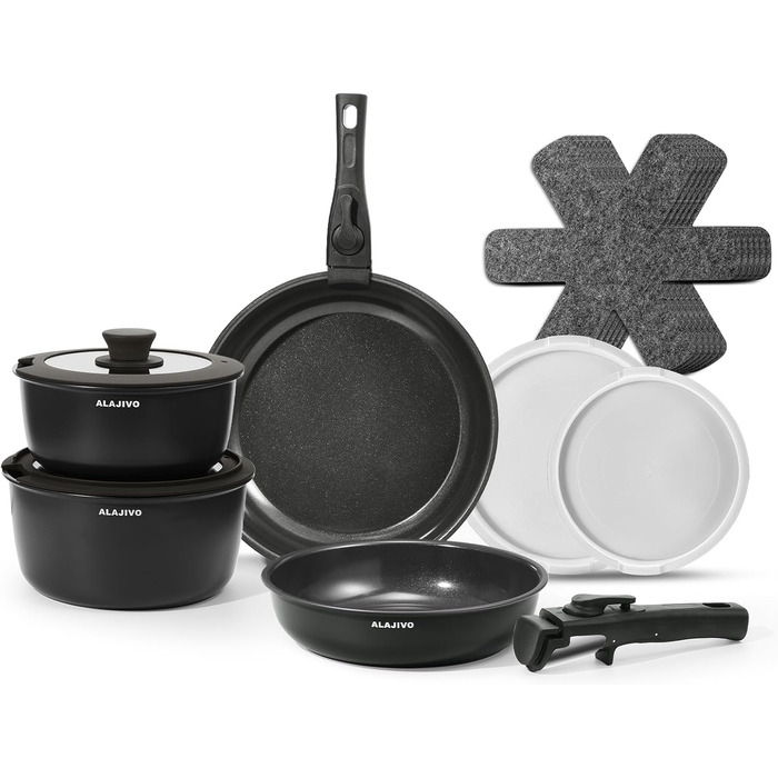 Набір каструль з керамічним покриттям 14 предметів, антипригарне покриття, індукційне дно, 24/28 см сковороди, для всіх типів плит, сумісний з духовкою