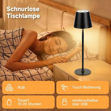 Бездротові LED-лампи настільні, 2 шт. з регулюванням яскравості, 3000K та RGB, перезаряджаються через USB-C, вологостійкі, 5500mAh (Чорний)