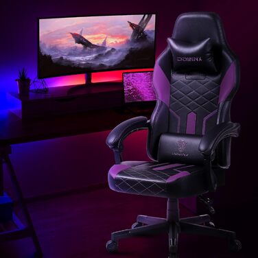 Ігровий крісло Dowinx Racing з підголівником та підтримкою попереку, ергономічний геймерський слінг з PU шкіри, чорно-фіолетовий, 150 кг