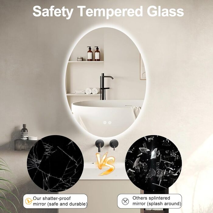 Дзеркало для ванної кімнати AONELAS BuLife з овальною підсвіткою, 71,1 x 50,8 см, антизапарник, 3 кольори, регульована яскравість, настінний монтаж, дзеркало для макіяжу з сенсорним вимикачем