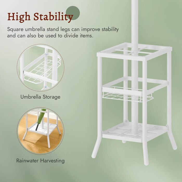 Настінна вішалка для одягу FAVOOSTY з підставкою для парасольки, 12 гачків, стійка для пальто, вішалка для одягу в вітальню, спальню, срібна (білий)