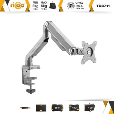 Кріплення для монітора RICOO TS3011: підставка для 1 монітора, газ-амортизатор, регулювання висоти, VESA 75x75/100x100, для моніторів 13-34 дюймів