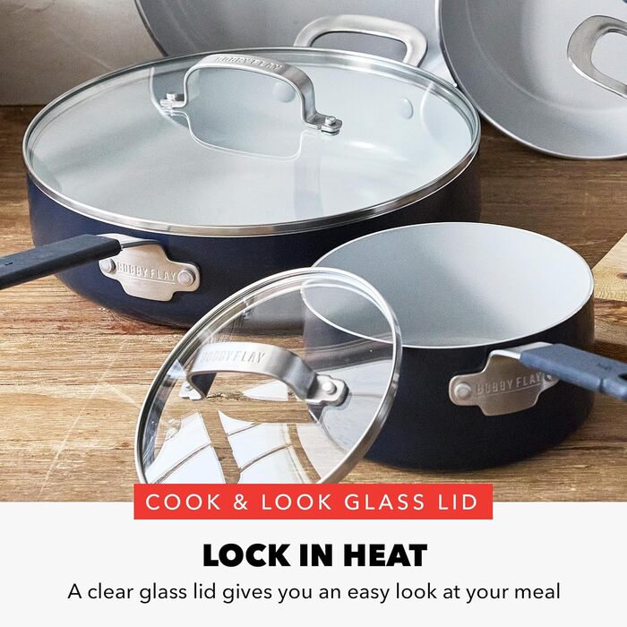 Набір сковорідок GreenPan x Bobby Flay, 20.3 см та 25.4 см, з антипригарним покриттям, без PFAS, кераміка з діамантами, для індукційних плит, силіконовий ручка, легко миються, сумісний з посудомийною машиною, 2 шт. (13 предметів), Marineblau