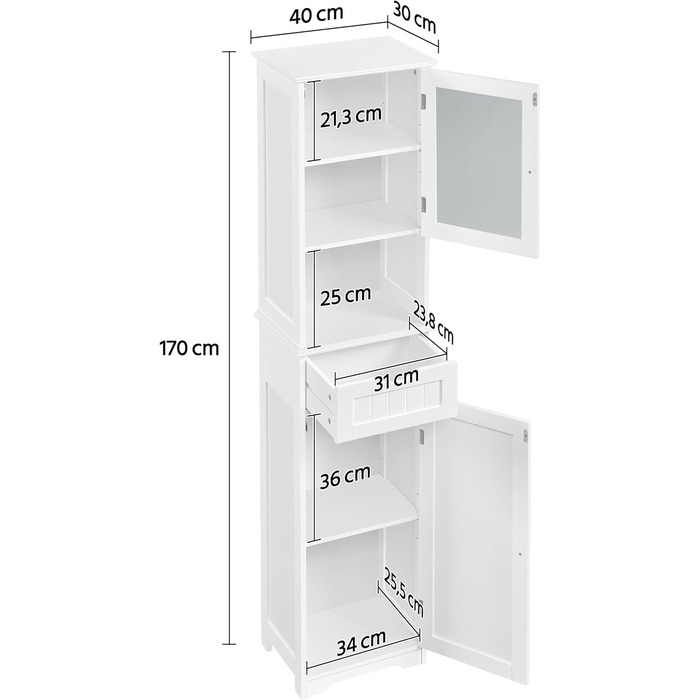 Висока шафа Yaheetech з ящиком і дверцятами, регульована, для ванної кімнати/вітальні/кухні, 40x30x170 см