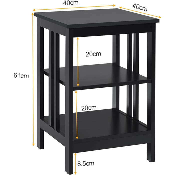 Приліжкова тумбочка COSTWAY 3 яруси, приставний столик тумбочка, журнальний столик журнальний столик для спальні, вітальні 40x40x61см (чорний, 2 упаковки II у формі)