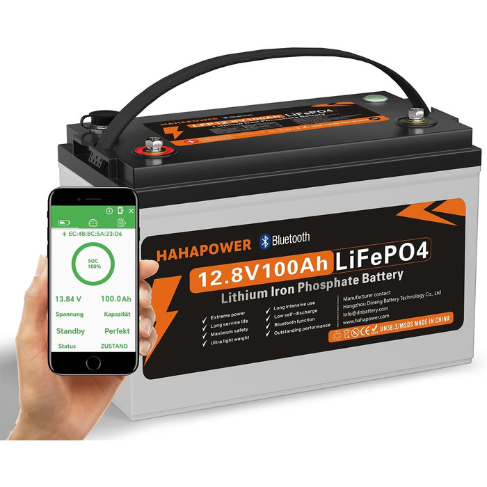 Акумулятор Hahapower 12.8V 100Ah Bluetooth LiFePO4, розумне живлення, захист від холоду, 15000 циклів, 150A BMS, для автофургонів, сонячна батарея