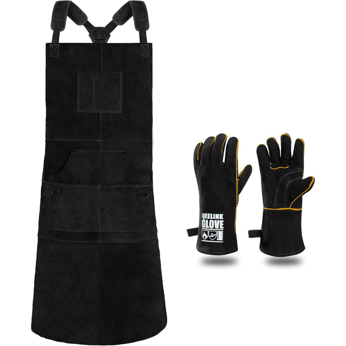 Зварювальна шкура QeeLink зі зварювальними рукавичками - шкіряна шкура з 6 кишенями, вогнестійка та термостійка робоча шкура (Чорний - 61 x 91 см)