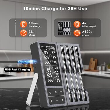 Цифровий термометр для м'яса – миттєвий термометр для гриля та продуктів харчування, бездротовий, ультратонкий зонд з двома датчиками 0,19 дюйма, Bluetooth 5.2, радіус дії 243,8 м, сповіщення через додаток, водонепроникний IP67 (набір з 4 зонди)