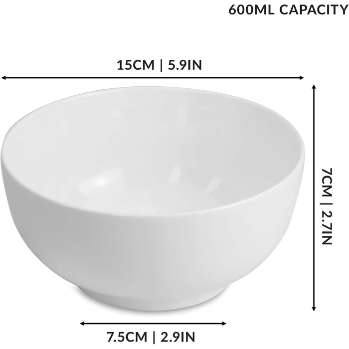 Порцелянові миски - Набір з 4 шт. 600 мл біла миска Ідеально підходить для десертів, сніданків і супів Можна мити в посудомийній машині, мікрохвильовій печі та духовці Ч/Б