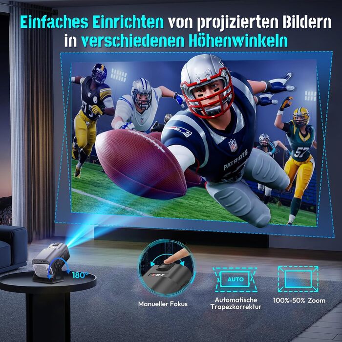 Портативний проєктор Xgody Gimbal 3: 12000 Люмен, Android 11.0, WiFi 6, Bluetooth, 720P HD (підтримка 4K), Автоматичне вирівнювання зображення, для домашнього кінотеатру (білий/чорний)