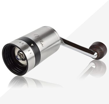 Ручна кавомолка Milu Manuelle – кавомолка для еспресо з керамічним жорном, 6 ступенів помелу, з ложкою та щіткою (срібна)