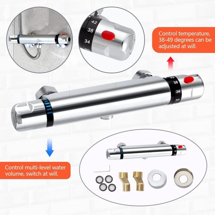 Змішувач для ванни з термостатом Uten, ванний термостат з 38°C захистом, 2 виходи для води, латунь (срібло)