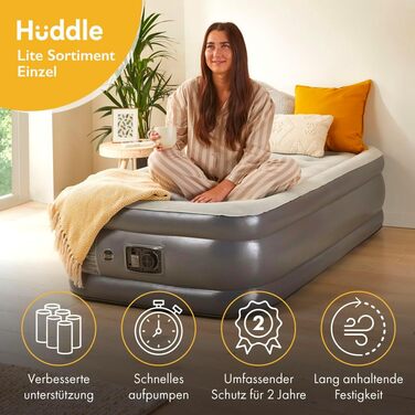 Надувне ліжко Huddle Lite з інтегрованим насосом – зручна повітряна матрац для кемпінгу, гостей та запасних кімнат (одинарне, двоспальне, king-size)