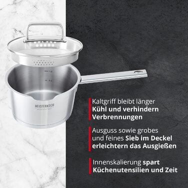 Каструля Meisterkoch з нержавіючої сталі 16 см | з виливом, мірною шкалою та ізольованою ручкою | 1 скляна кришка з дрібним та великим ситом | посуд з нержавіючої сталі, підходить для індукційних плит 16 см