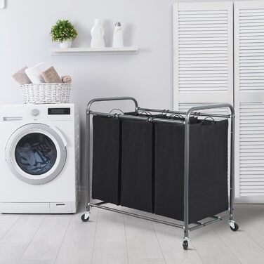 Сортувальник для білизни STORAGE MANIAC з 3 відділеннями, 136 л, на міцних колесах, знімні кишені, органайзер для одягу, кошик для сортування білизни (Чорний)