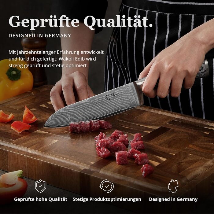 Набір кухонних ножів Wakoli Edis Damast: Сантоку великий та малий, ніж для овочів, універсальний ніж з 67 шарів дамаської сталі (серцевина VG10), ручка з паккавуда, в дерев'яній коробці