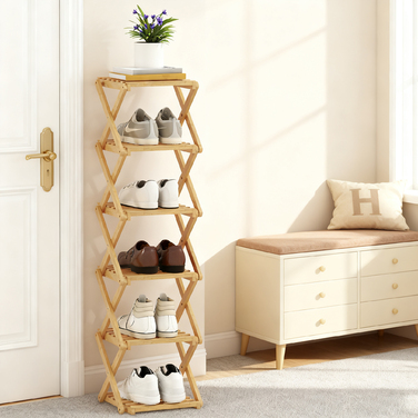 Стійка для взуття, розкладна, з 6 полицями з бамбука, вміщує до 9 пар взуття, розмір 30 x 29 x 108 см, колір: натуральний