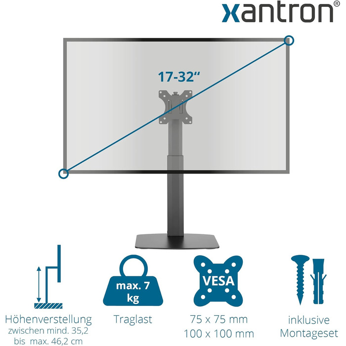 Підставка для монітора Xantron® ECO-DS100: регульована висота, нахил, поворот, обертання. Сумісна з моніторами 17-32 дюймів, VESA 75x75 & 100x100. Включає монтажний матеріал.