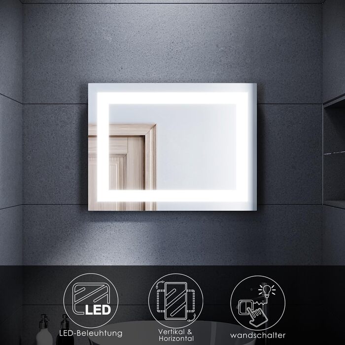 Дзеркало для ванної кімнати Badspiegel 60x80 см з підсвічуванням LED, сенсорне, протизапітніння, IP44, 3 колірні температури