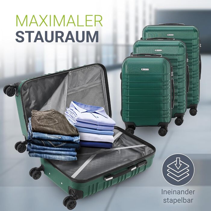 Набір валіз Juskys Hartschale 3 в 1 - зелений колір, захисний корпус, кодований замок, тихі колеса, телескопічна ручка