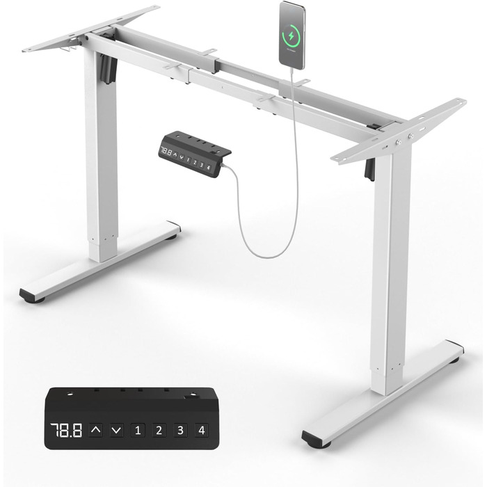 Електричний стіл з регулюванням висоти, металевий каркас з USB-C, пам'ять, антиколізійна система, 2 мотори, білий