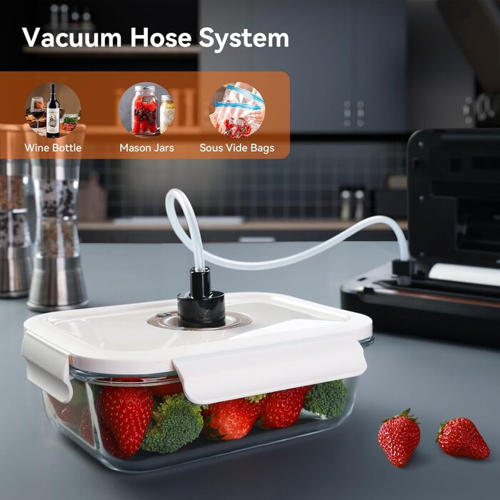 Вакууматор для продуктів 8-в-1, вакуумний пакувальник 80 кПа (сухий/вологий режим) з вбудованим різаком, цифровим таймером та набором пакетів, чорний